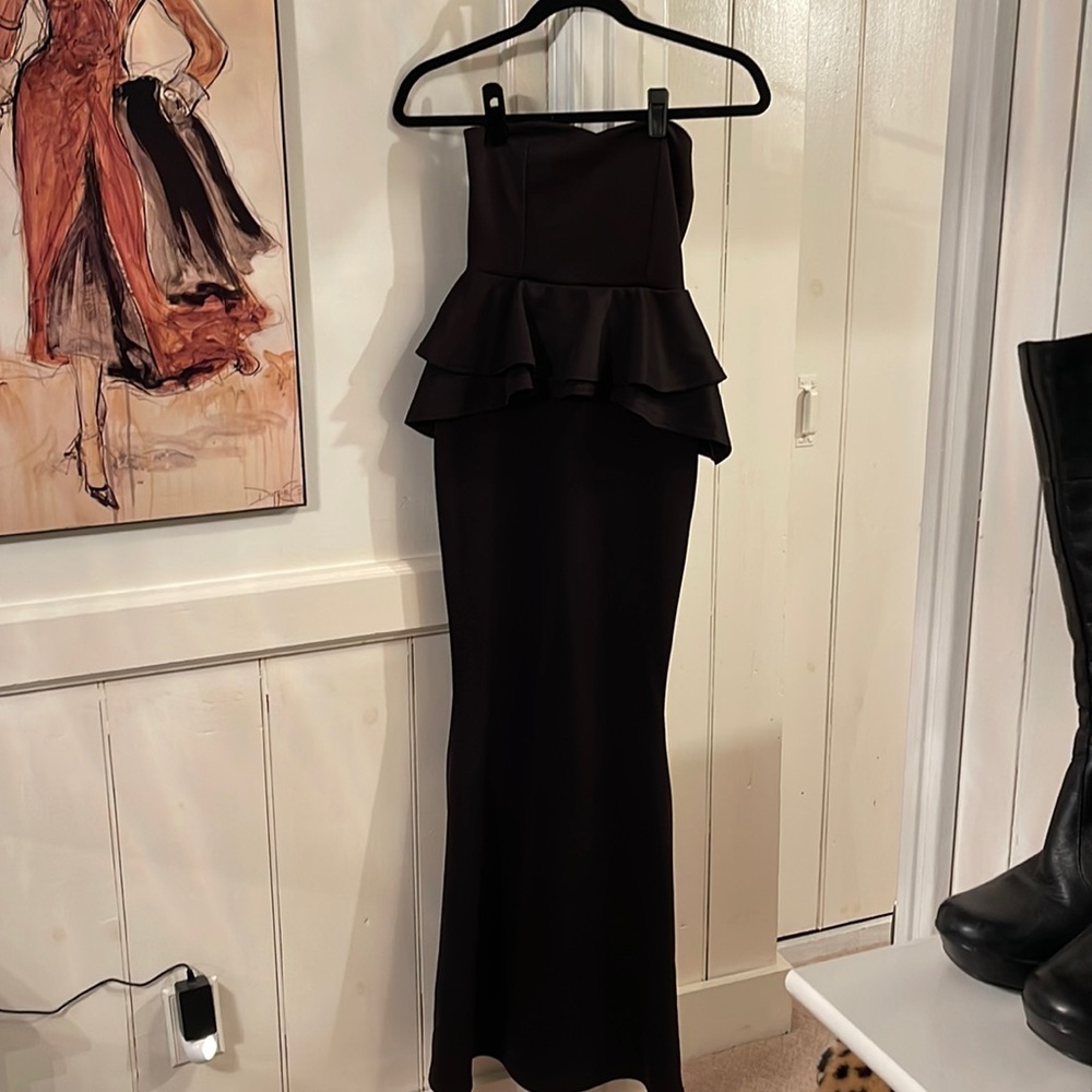 Long black strapless peplum dress